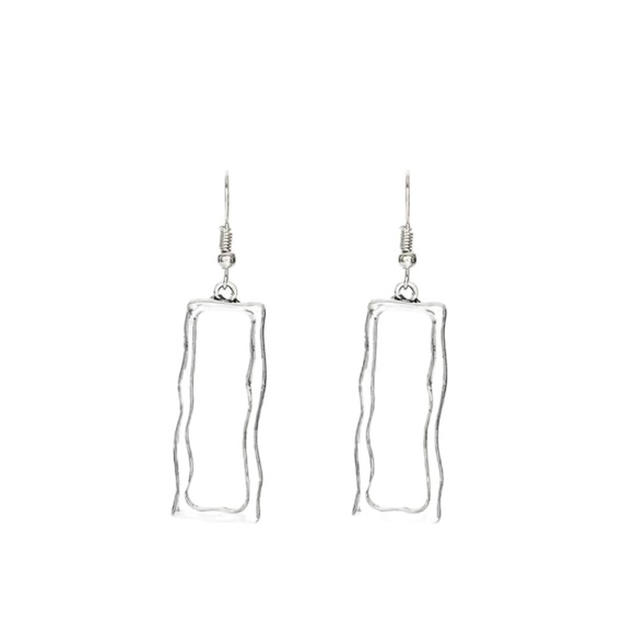 Boho Hollow Cut Rectangular Hammered Silver Drop Earrings - Picture 6 of 7